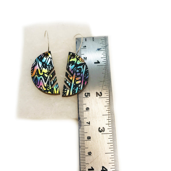 Large Wooden Semicircle Hoop Earrings: Metallic Rainbow