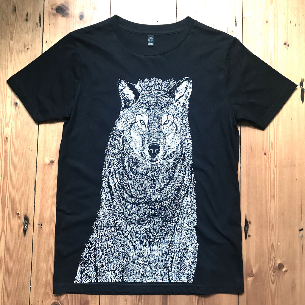 Organic cotton wolf t-shirt, screen printed in pearl ink in a black shirt.