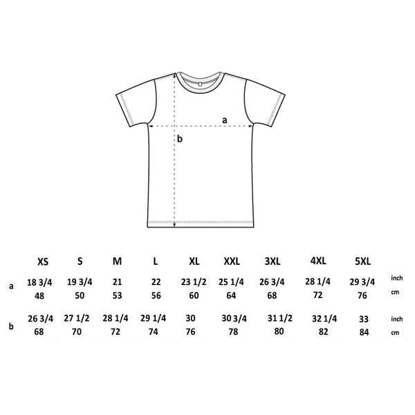A size guide for the t-shirts. T-shirts are sized by half check. XS 48cm. S 50cm. M 53cm. L 56cm. XL 60cm. XXL 64cm.