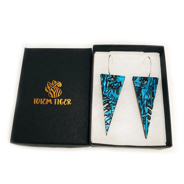 Large Wooden Triangle Hoop Earrings: Holographic Blue
