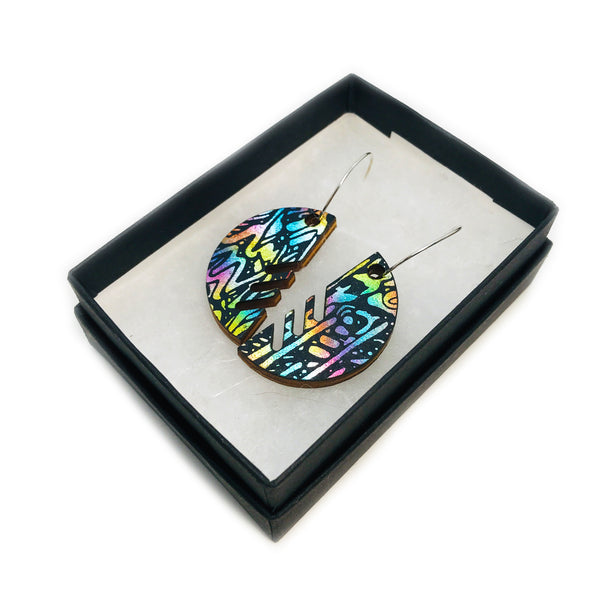 Large Wooden Semicircle Hoop Earrings: Metallic Rainbow