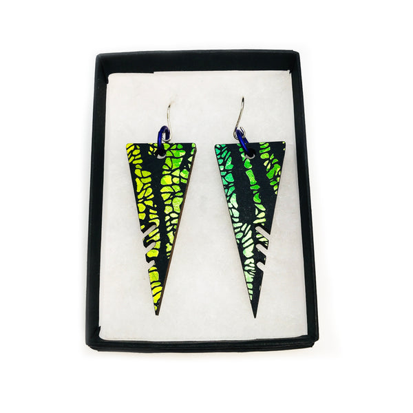 Large Wooden Triangle Earrings: Holographic Green