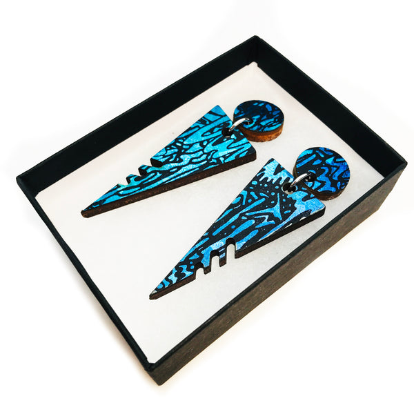 Large Wooden Triangle Stud Earrings: Turquoise Blue