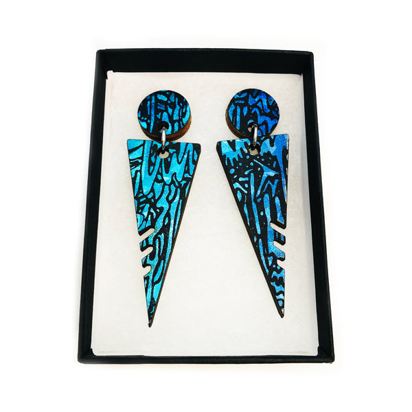 Large Wooden Triangle Stud Earrings: Turquoise Blue