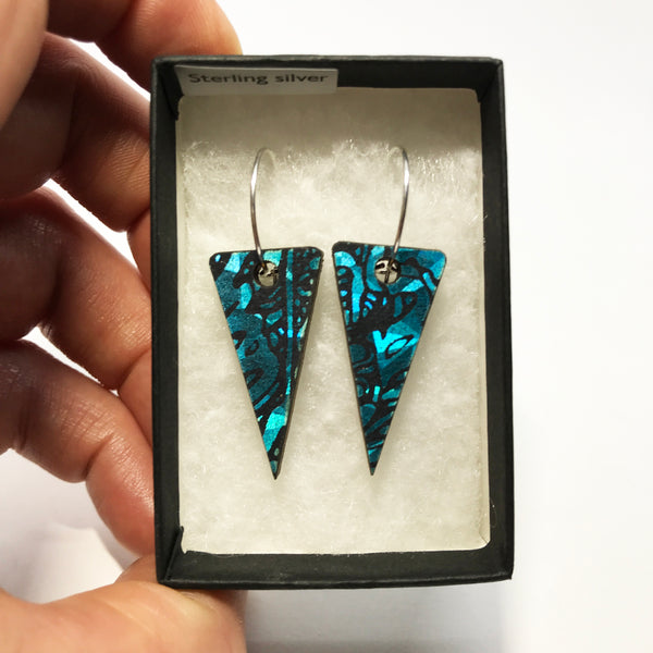 Wooden Triangle Earrings: Blue Sapphire