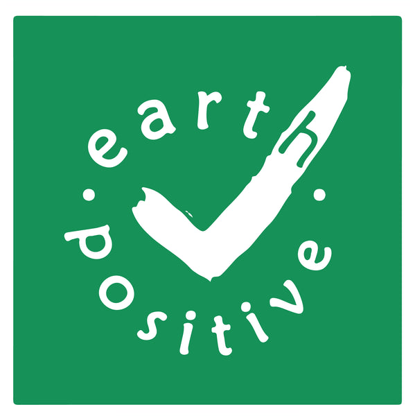 An earth positive logo, which is a green box with a white tick and the words earth postitive written in a circle.