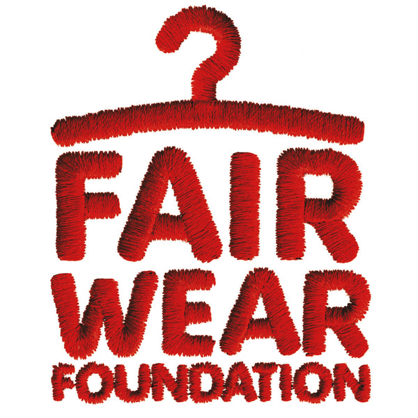 The fairwear foundation logo, which is a red hanger weaved in wool. The words FAIR WEAR FOUNDATION are weaved in red wool underneath the hanger.