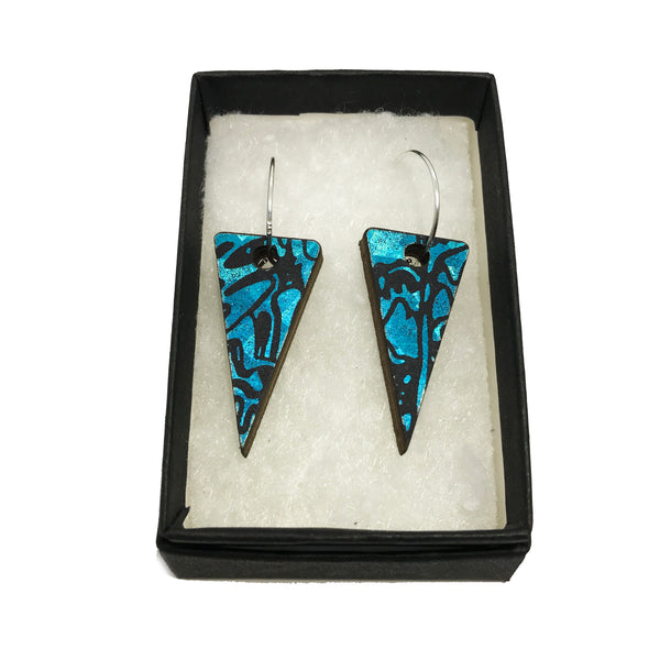 Wooden Triangle Earrings: Blue Sapphire
