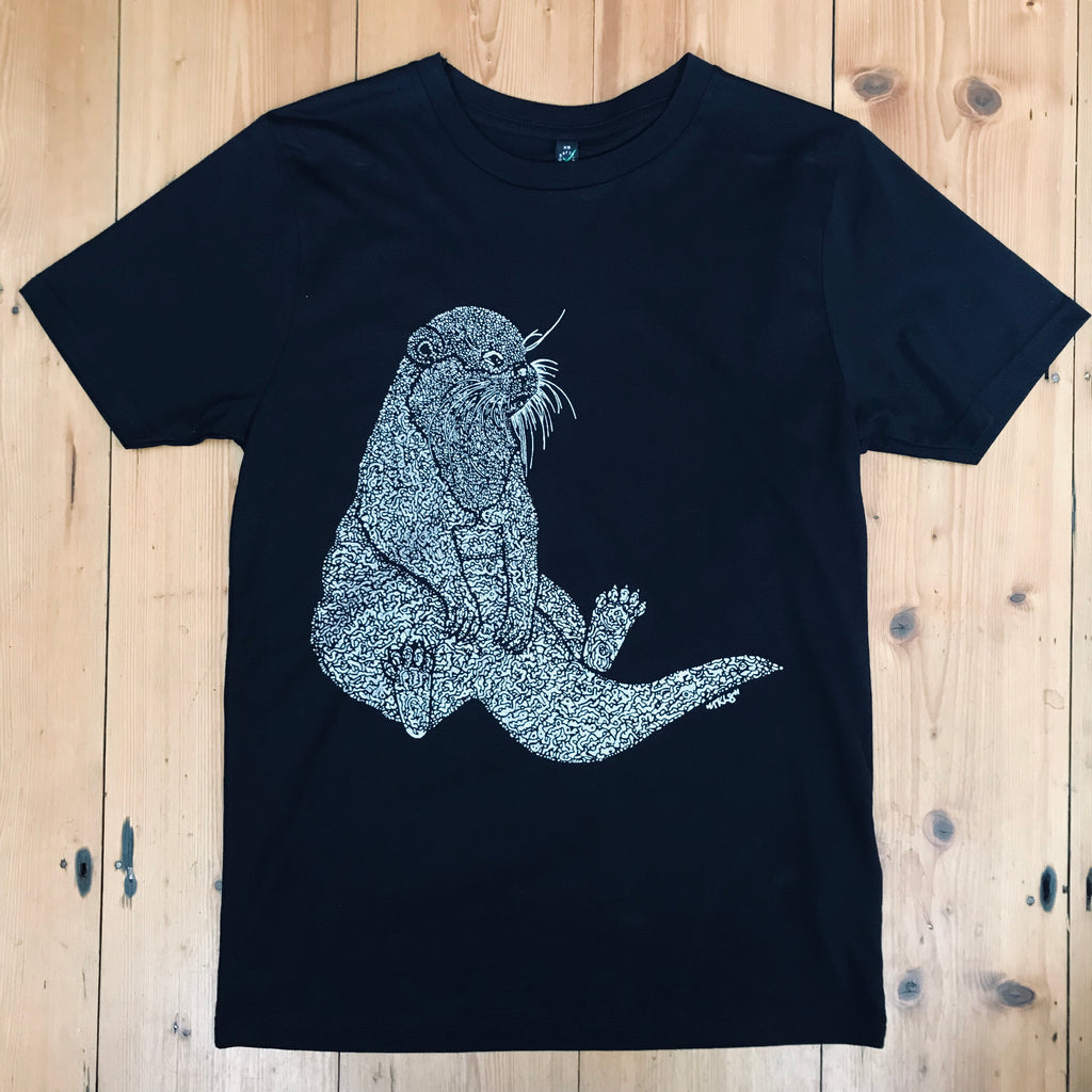 Organic cotton otter t-shirt, screen printed in silver ink on a black shirt.