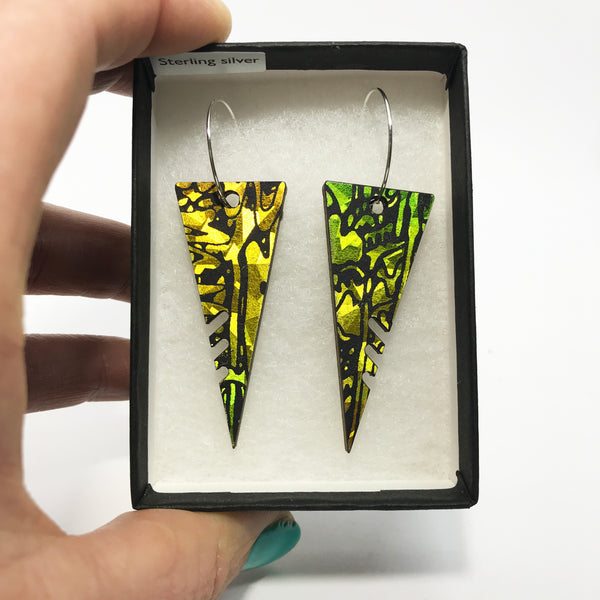 Large Wooden Triangle Hoop Earrings: Acid Yellow/Lime Green