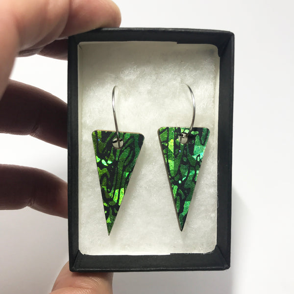 Wooden Triangle Earrings: Emerald Lime