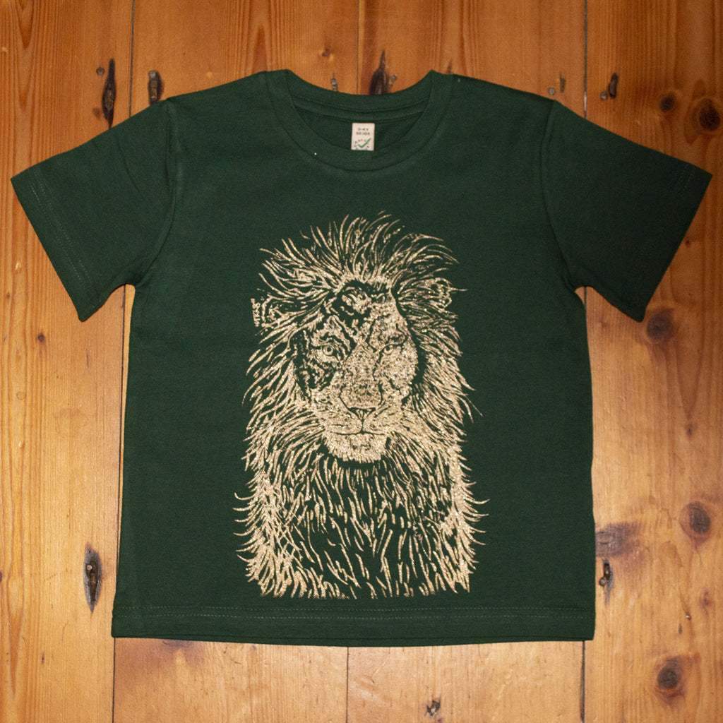 Organic cotton kids lion t-shirt, screen printed in gold ink on green children's shirt.