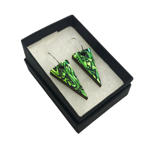 Wooden Triangle Earrings: Emerald Lime